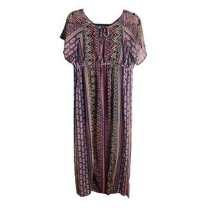 Earthbound Size Large Sheer Maxi Dress Boho Aztec Print Empire Waist Hippie